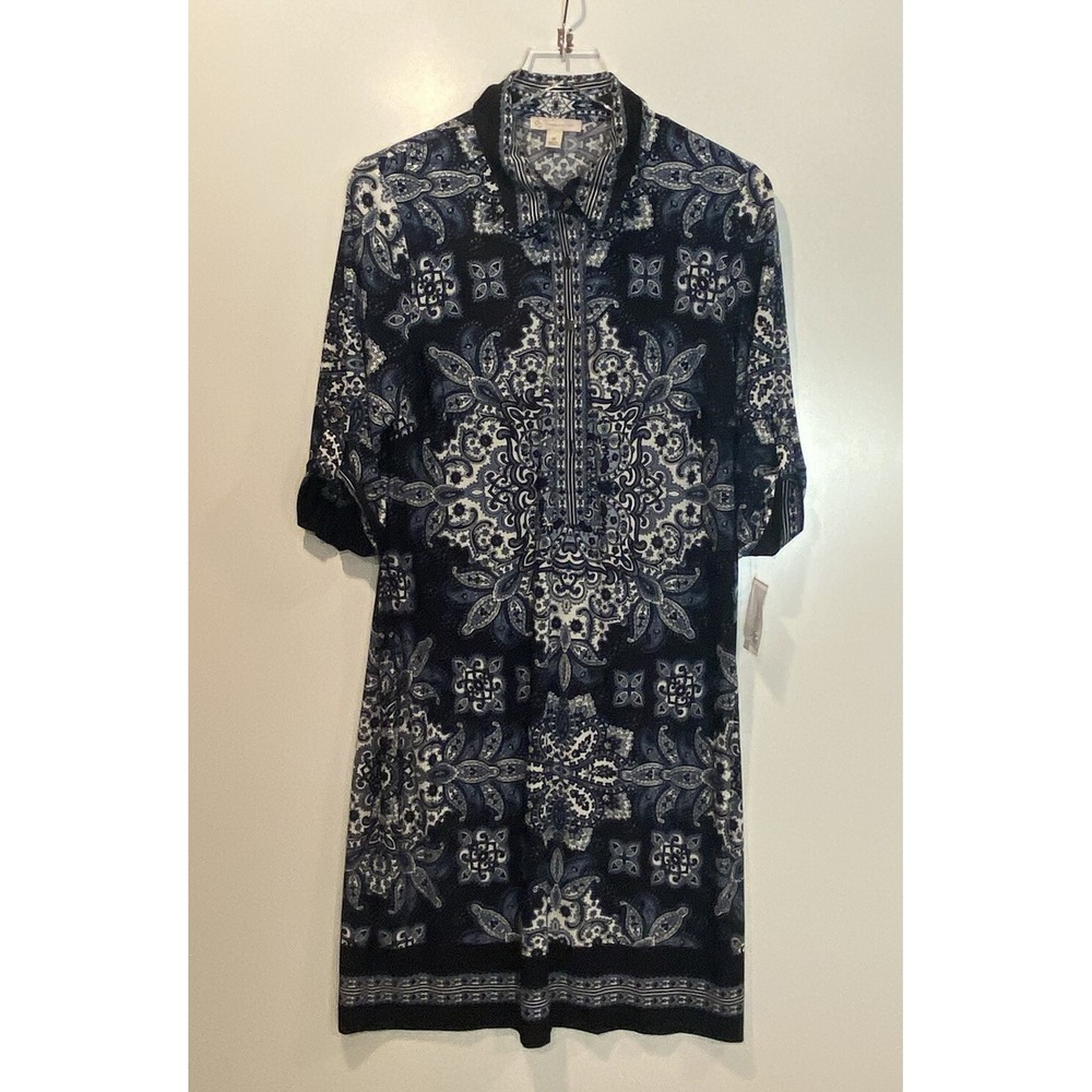 NWT Dressbarn Blue White Paisley Mandala Bandana Print Shift Dress Womens 14